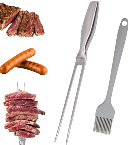 Tenedor de carne de acero inoxidable, tenedor de trinchar con mango ergonómico, tenedor para barbacoa de acero inoxidable, tenedor de carne de 27 cm con cepillo de aceite, para camping y cocina