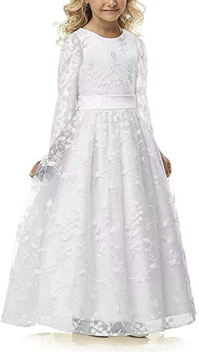 Aibaowedding Chic - Robe longue de communion pour enfant - En tulle brodé - Avec ceinture en satin - Style bohème - Robe de demoiselle d'honneur - Pour fille de 2 à 12 ans | Robe en dentelle avec broderie florale, col rond et ceinture en satin, robe de communion et de demoiselle d'honneur pour