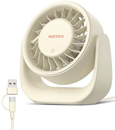 Warmco USB-skrivbordsfläkt, 3-hastighets beröringskontroll, 2-i-1 USB-A & USB-C-driven (ingen batteri), 120° lutningsjusterbar, avtagbar skyddslock, kompakt bordsfläkt för hemmakontor studentboställe
