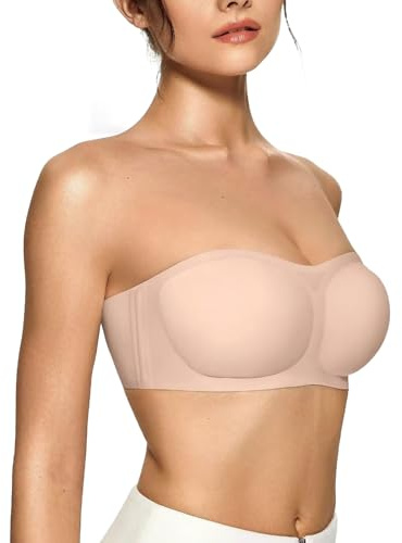 Innfttwo Strapless Bras for Women Jelly Push Up Bandeau Bra Wireless Non Slip Seamless Padded Tube Bra, Soft Supportive Lift (UK, Alpha, S, Regular, Regular, Nude)