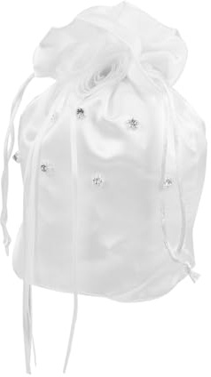 RORPOIR Borsa da Sposa in Tessuto Satinato Bianco con Perline e Pietre Decorative, Manico Portatile e Chiusura Facile, Raffinata per Cerimonie Nuziali e Confezionamento Dolci
