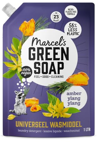 Marcel's Green Soap - Recharge de lessive liquide universelle Ambre & Ylang Ylang - Linge blanc et de couleur - Vegan - Emballage recyclable - 23 lavages - 1L