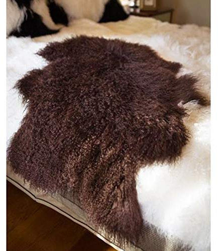 Genuine Tibetan Mongolian Sheepskin Fur Rug, Mongolian Lamb Wool Carpet Fur Pelt Throw Rug Home Decorative Soft,39.5-41.5 in Long，Dark Khaki