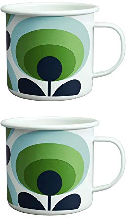 2 x Orla Kiely Emaille-Becher (500 ml) – 70er Jahre Oval Blume Apfelgrün