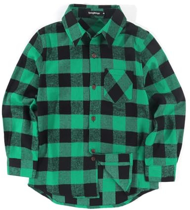 Spring&Gege Camicia da Ragazzo a Maniche Lunghe in Flanella Button Down Shirt a Quadri per Bambini, Verde Nero, 11-12 Anni