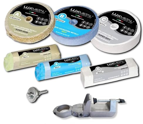 Lux Metal Kit Lucidatura 3 Disco Lucidatura 100 mm e 3 Pasta Abrasiva Lucidante 250 gr Supporto per Trapano Alluminio Mola Dischi Per Lucidare Acciaio Inox Metalli Cotone Set Lucida Cromature Ottone