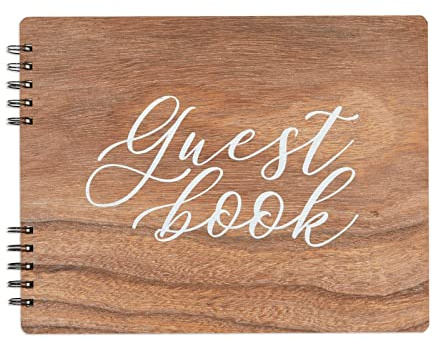 Paper Junkie Rustic Wooden Guest Book for Party - 112 Pages, 11.25 x 8.75 in Brown Wood Cover - Wedding & Baby Shower Guest Book Sign in