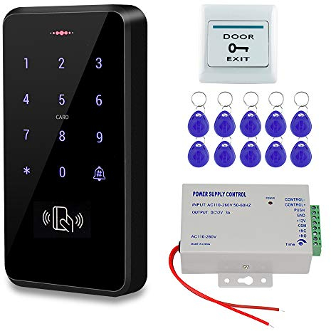 HFeng Kit de Système de Contrôle d'accès de Porte Extérieure IP68 Lecteur de Carte à Clavier RFID étanche + Alimentation + Bouton Exit + 10pcs Porte-clés (sans Serrure)