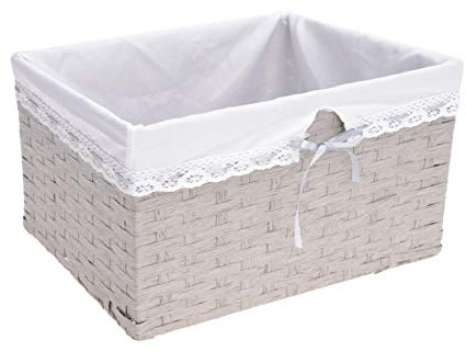 HERSIG - Cesta Almacenaje | Pongotodo Cuadrada de Papel con Forro y Lazo - 33 x 24 x 20 cm - Color Gris