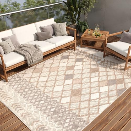 TAPISO Patio Teppich Indoor Outdoor Creme Beige Grau Marokkanisch Ethno Boho Design Wetterfest Flachgewebe Terrasse Wohnzimmer ÖKO-TEX 200 x 300 cm