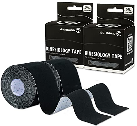 Rehband Kinesiologie Tape zur Selbstanwendung, Physio Sport-Tape zur Unterstützung von Gelenken & Muskulatur, wasserfest, hautfreundlich, elastisch, Farbe:2 x Schwarz, Größe:2 Rollen