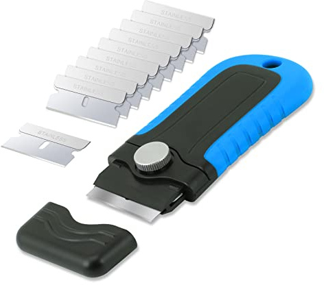 Gomake Razor Blade Scraper Tool with Blade Storage Container, Glass Cooktop Stove Scraper with 10PCS Stainless Steel Blades for Glass Clean,Paint,Old Label,Decal Sticker,Adhesive Remover (Blue)