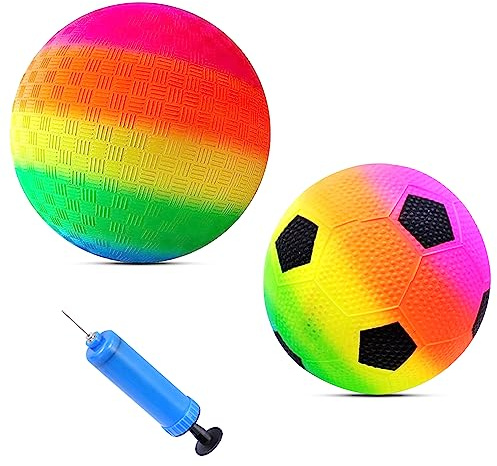 LETTERASHQP 2 Pièces Balles Arc-en-Ciel,Balle de Jeu en PVC pour Enfants,Balle de Rebond pour Enfants pour Intérieur Sport en Plein Air Jeu-1 Balle Arc-en-Ciel,1 Ballon de Foot Arc-en-Ciel&1 Pompe