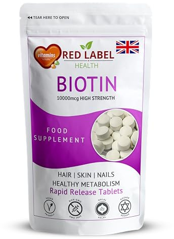 Red Label Health Biotin 10000mcg Tablets for Thick Hair, Skin Radiance & Nail Strength High Potency Supplement for Men & Women, 365 Tablets (1 Year Supply) D-Biotin Boosts Energy & Overall Wellness