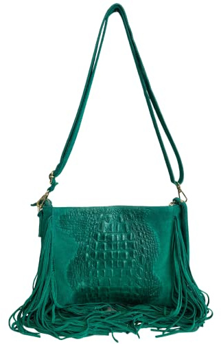 Modarno borsa da donna con frange, a tracolla, in pelle scamosciata 29x2x21 cm (Turchese Scuro)