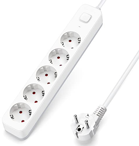 Aigostar Steckdosenleiste 5-fach, Mehrfachsteckdose mit Schalter, Mehrfachstecker Verlängerungskabel 5m Kabel, Weiß