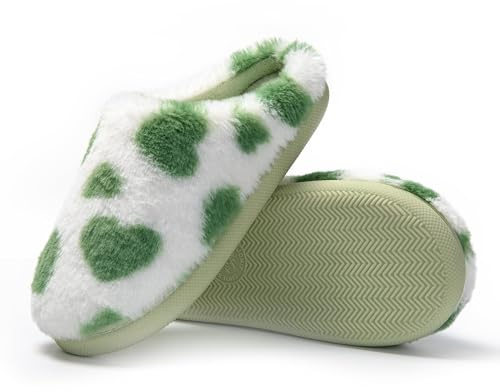 JOMIX Zapatillas Casa Mujer Invierno Con Peluche Cómodas Pantuflas Cerradas, Estampado de Corazón, Verde, 41 EU