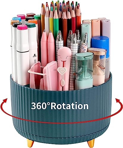 Pencil Pen Holder for Desk, 5 Slots 360°Degree Rotating Pencil Pen Organizers for Desk, Desktop Storage Stationery Supplies Organizer, Cute Pencil Cup Pot for Office, School, Home, Art Supply (Green)