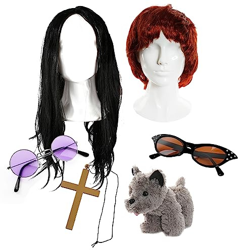Adults Osbourne Couple Accessory Set - Long Black Wig, Purple Glasses, Gold Cross, Red Wig, Cat Eye Glasses, Toy Dog - Adults Music TV/Film Celebrity Fancy Dress Costume Accessory Set