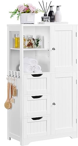Yaheetech Mueble Baño de Madera Armario Baño con 3 Cajones y Estante Ajustable Armario Multiusos con Puertas para Salón Entrada Blanco 60x30x107 cm