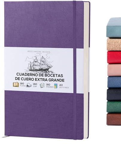 BEECHMORE BOOKS Quaderno da disegno A3 (29,7 x 42 cm) – 160 pagine, 160 g/m² | Copertina rigida in similpelle, sketchbook bianco, confezione regalo, pagine perforate, tasca posteriore, segnalibro