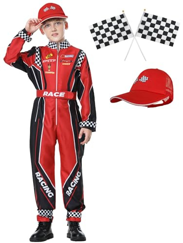 KUKIKUKI Costume da pilota di auto da corsa Ragazzi Tuta da pilota con berretto per auto Bambini Vestiti per Halloween (Rosso, 110)