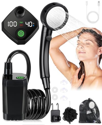 fezori Portable Shower, Camping Shower Pump with Rechargeable 6000mAh Battery and Sinking Bottom Design, Outdoor Shower IPX7 Waterproof with Temperature Display for Camp, Car Washing, Pet Bath (Black)
