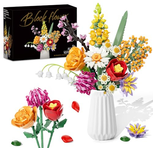 Flowers Bouquet Building Sets for Adult, 1070 PCS Artificial Flower Building Blocks, DIY Kit with 10 Kinds of Flower Plants, Valentines Day Gifts for Her Wife, Botanical Collection Home Decor(No Vase)