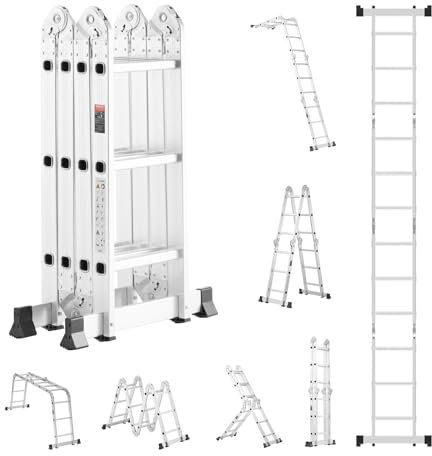 VEVOR Escalera Plegable Multiusos, Escalera de Tijera Alta 7 en 1, 3 Escalones con Estructura en A, 3,7 m Altura de Alcance, Carga 149,7 kg para Trabajos Domésticos al Aire Libre, 1195 x 608 x 1685 mm
