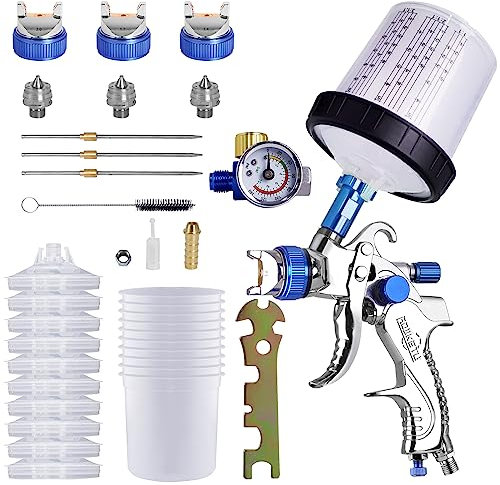HVLP Spray Gun, Paint Sprayer with 10pcs 600ML Disposable Cups&Pressure Gauge, Car Spray Gun Kit with 3 Nozzles 1.4/1.7/2mm Nozzle Paint Mixing Quick Cup for home (Blue)