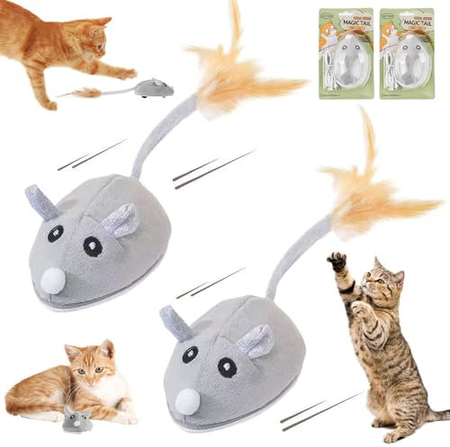 HEYIDAMAI Katzenspielzeug Selbstbeschäftigung Elektrisch Maus, 2 Stück Magic Maus Katzenspielzeug, Interaktives Katzenspielzeug Maus mit Federschwanz, USB Wiederaufladbar Spielzeug für Katze