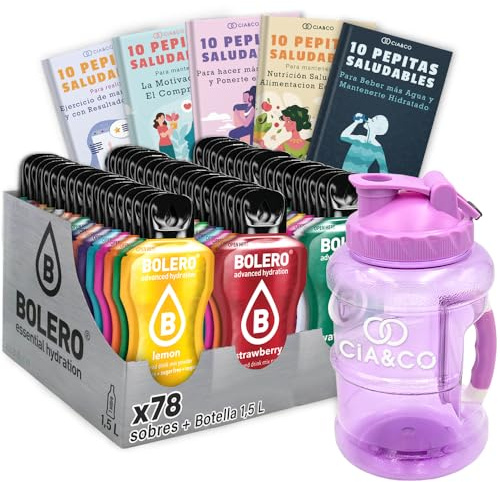 78 x Bebida Bolero MIX Sabores VARIADOS (78x9 grs) + BOTELLA 1500ml Morada + 50 Pepitas Saludables Cia&Co - Hidratación Saludable y Natural sin Azúcar, Sin Gluten, Sin Conservantes