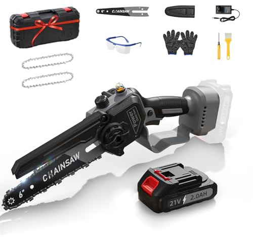 Mini Motosierra Bateria, Motosierra Eléctrica 6 Pulgadas 1000W Sin Escobillas Baterías 2000mAh con Depósito Para El Aceite, Ajuste sin Herramientas, Lubricación Automática de Cadena para Jardinería