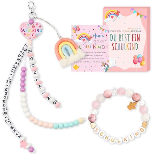 QUANMAITONG Cornet d'écolier pour fille - Cadeau de rentrée des classes - En tissu - 2025 - Bracelet pour fille - Rentrée scolaire - Porte-bonheur - Avec carte de vœux et boîte cadeau
