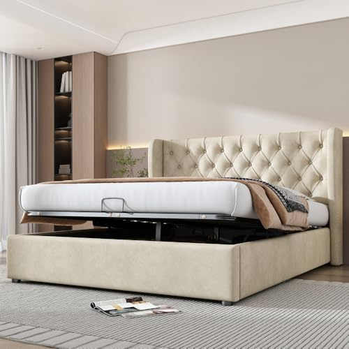 Wyibwy Letto imbottito 160x200cm, letto contenitore matrimoniale con dispositivo idraulico, struttura letto con rete a doghe e spazio contenitore, Panno antipolvere sul fondo della scatola, Beige