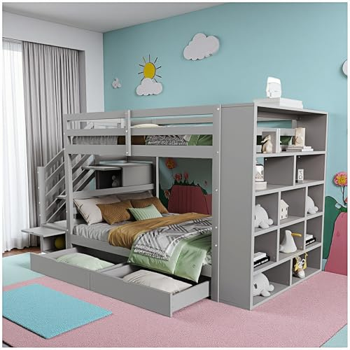 Wyibwy Letto a castello 90×200cm,con scala integrata con contenitore,due cassetti,ampio armadio contenitore e sponda di sicurezza alta,letto in pino,adatto a bambini e ragazzi (Grigio)