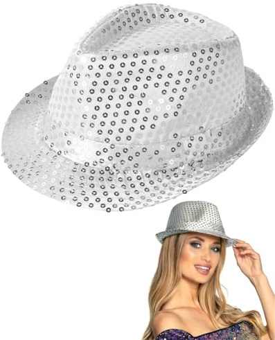 HUVZOR Sombrero de Lentejuelas, Sombreros de Discoteca con Lentejuelas, Gorras de Jazz con Purpurina para Carnaval Fiestas Rave, Jazz y Baile Boda, Fiesta Temática, Unisex,Plata