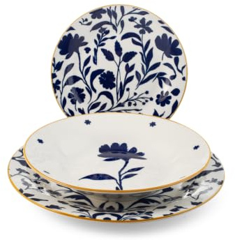 H&H Servizio Tavola Royal Petals in Porcellana Decorata 18 Pezzi – 6 Piatti Piani 27 cm, 6 Fondi 27 cm, 6 Frutta 19 cm Forma Ala – Idoneo Lavastoviglie e Microonde