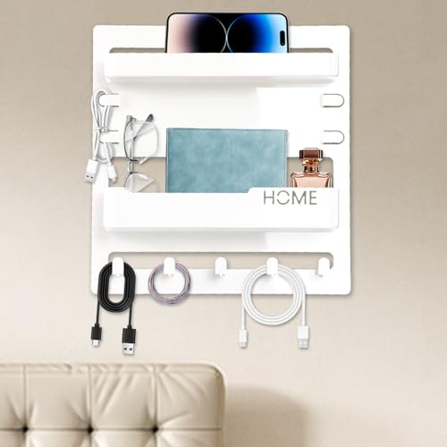 JINGIHE Mensola da comodino a parete, doppio vassoio da bagno, installazione senza chiodi, organizer per letto, organizer per telefono, chiavi, occhiali, articoli da toeletta, telecomando (bianco)
