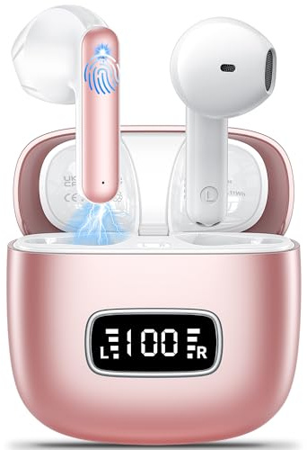 Ecouteurs Bluetooth sans Fil, Godyse Écouteurs sans Fil 5.4 avec 4 ENC Réduction Antibruit Mic Écran LED 42H Durée HiFi Stéréo IPX6 Étanche Casque Contrôle Tactile pour iOS Android Rose, Sport/Travail