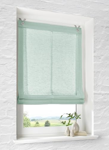 Brondy - Estor enrollable con ojales, color: verde, semitransparente, aspecto de lino, con ganchos sin perforación, ancho 80 cm x alto 140 cm
