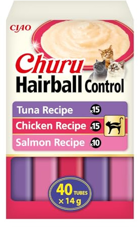 INABA Churu Hairball Control kattgodis, krämiga katter chckies med fiber, tonfisk, kyckling & lax, rik på Omega 3 & 6, utan spannmål och socker, anti-hårbollar katt, 40 x 14 g