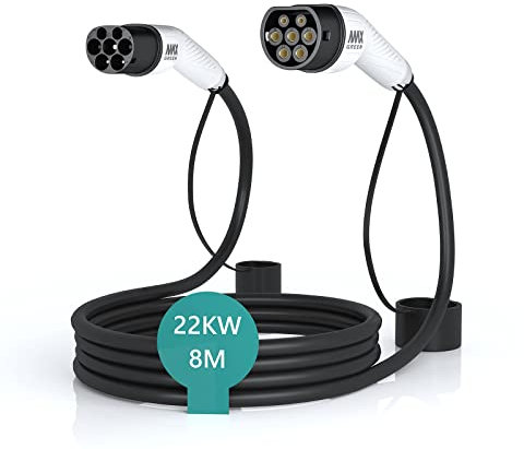 MAX GREEN EV/Cavo di Ricarica per Auto elettriche e Hybrid Plug-in, da Tipo 2 a Tipo 2, | 32Amp | Trifase | Potenza Massima in Uscita 22 KW | 8 Metri |