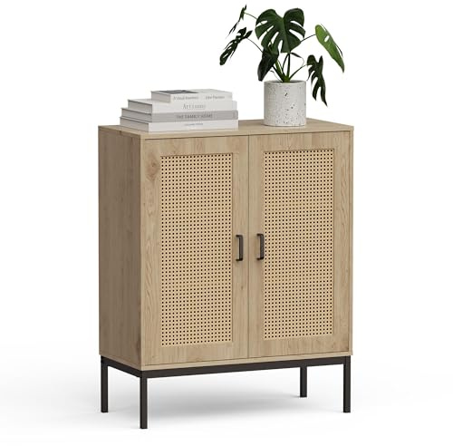 VonHaus Tall Sideboard for Living Room - Rattan Effect Hallway Cabinet