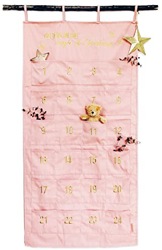 Papierdrachen Adventskalender 2025 als Wandkalender aus Stoff zum Befüllen - rosa & gold - hochwertig bestickt - Stoffbeutel - Geschenksäckchen - wiederverwendbar - Set Nr 33