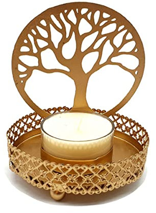 Portavelas Reflectante Dorado de Metal [ Árbol de la Vida ] Porta Velas para decoración Original | Meditación y Relajación | Dimensiones 11x7 cm