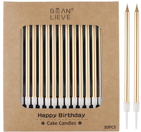 BEAN LIEVE 30 velas de cumpleaños metálicas largas y delgadas de color, velas para tartas, fiestas de cumpleaños, decoraciones de boda, velas de fiesta, decoraciones de pasteles (dorado champán)