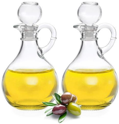 BSTKEY Set of 2 Olive Oil Dispenser Bottle with Stopper, Elegant Style Round Glass Cruet Bottles for Kitchen, 310ml Oil Dispenser Spout Container for Syrup Olive Vinegar