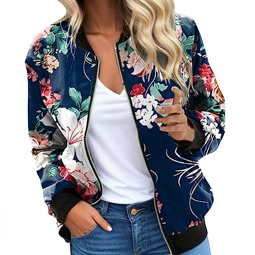 EQWIGKEIT Bomberjacke Damen Lässig Bikerjacke Leicht Pilotenjacke Vintage College Jacke Übergangsjacke Damen Oversized ReißVerschluss Kurz Outwear Blumenmuster Casual Mantel Langarm Motorradjacke