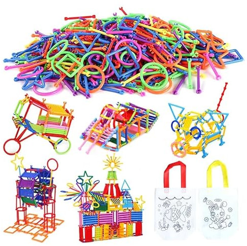 Curious Crafts Construction Building Blocks 240 pieces Smart Bar Set Assembling 3D Puzzle Toys Kit with Interlocking Sticks Geometry Intelligent Learning Education Toys with Toy Storage Bag